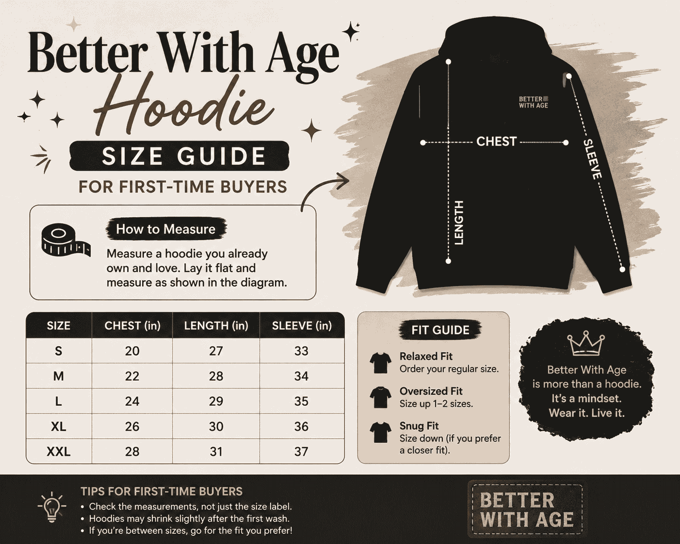 Better With Age Hoodie Size Guide for First-Time Buyers